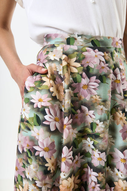 Brisa 3D Daisy Print Midi Skirt - Green - Bascora