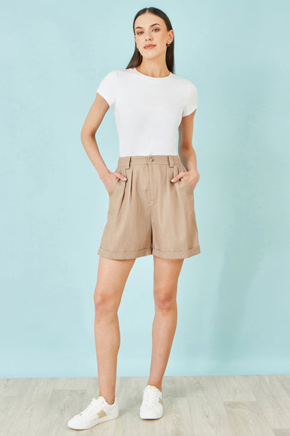 Brown Pleat Front Shorts - Bascora