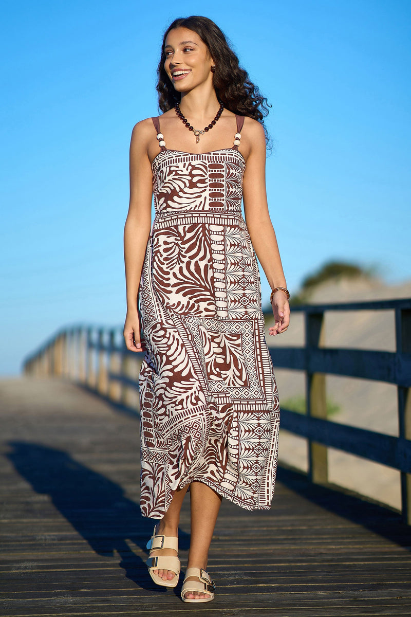 Brown Tile Print Maxi Dress With Bead Details - Bascora