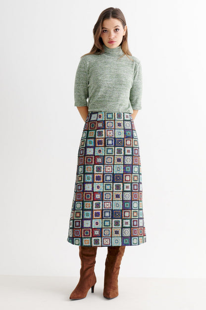 Buffy 70's Patch Jacquard Midi Skirt - Bascora