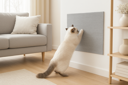Calico cat using light gray wall-mounted scratching mat