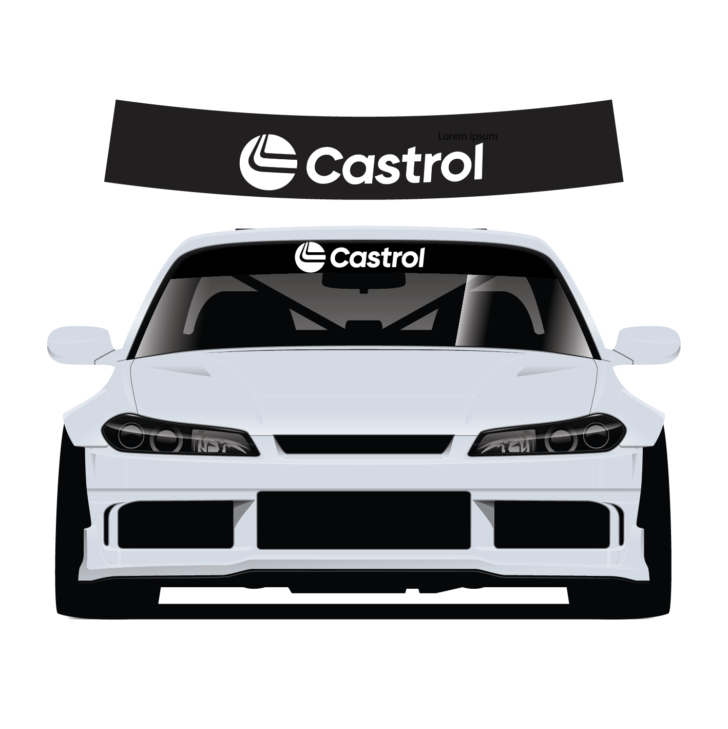 White car with Castrol logo on windshield sunstrip