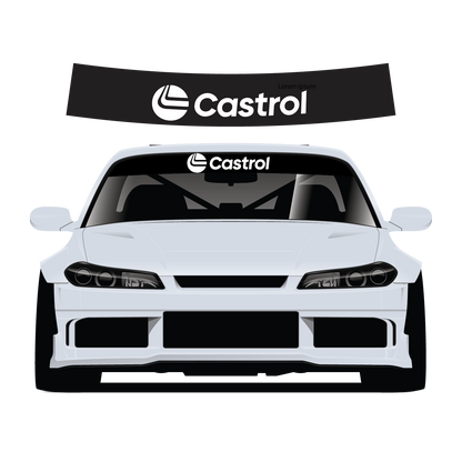 White car with Castrol logo on windshield sunstrip