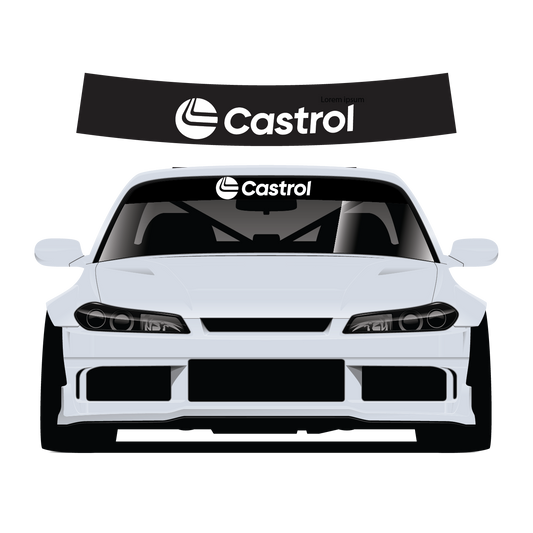 White car with Castrol logo on windshield sunstrip