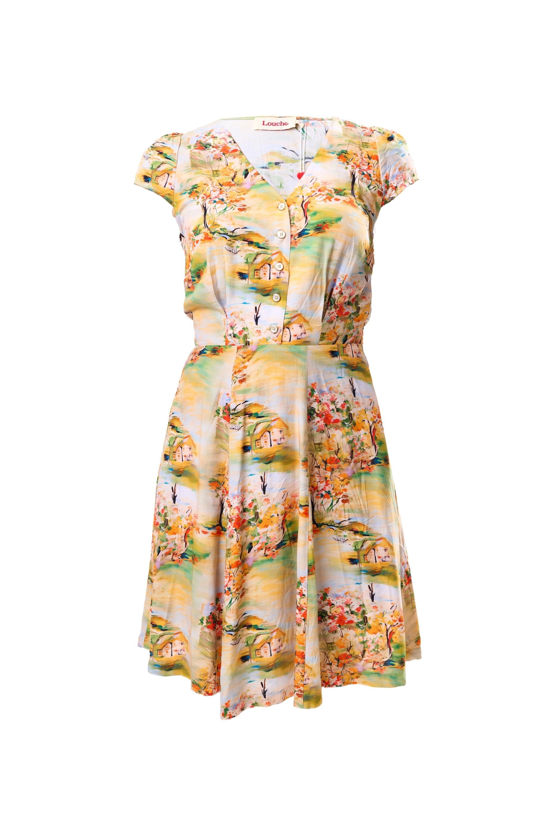 Cathleen Mini Oriental Landscape Print Tea Dress - Yellow - Bascora