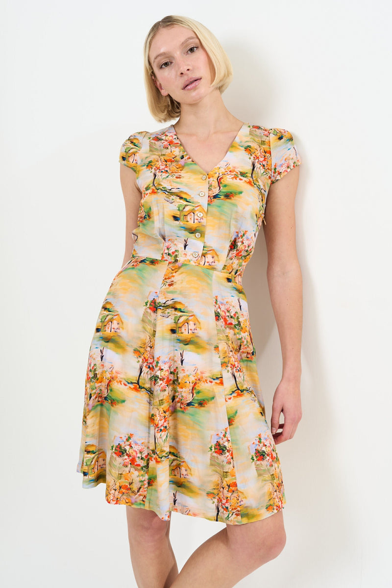 Cathleen Mini Oriental Landscape Print Tea Dress - Yellow - Bascora