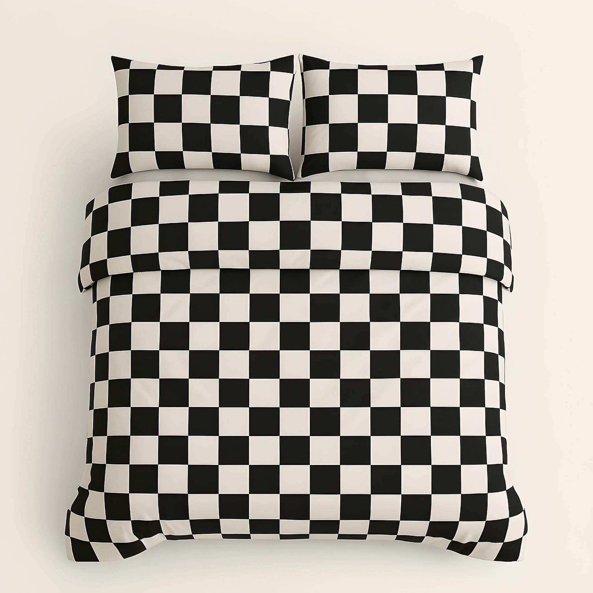 Black and white checkered bedding set on a beige background