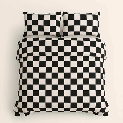 Black and white checkered bedding set on a beige background
