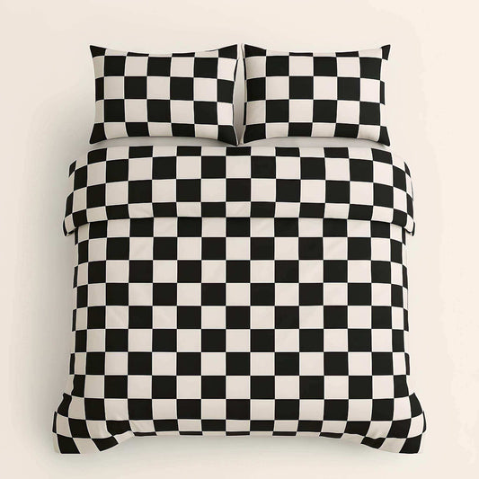 Black and white checkered bedding set on a beige background