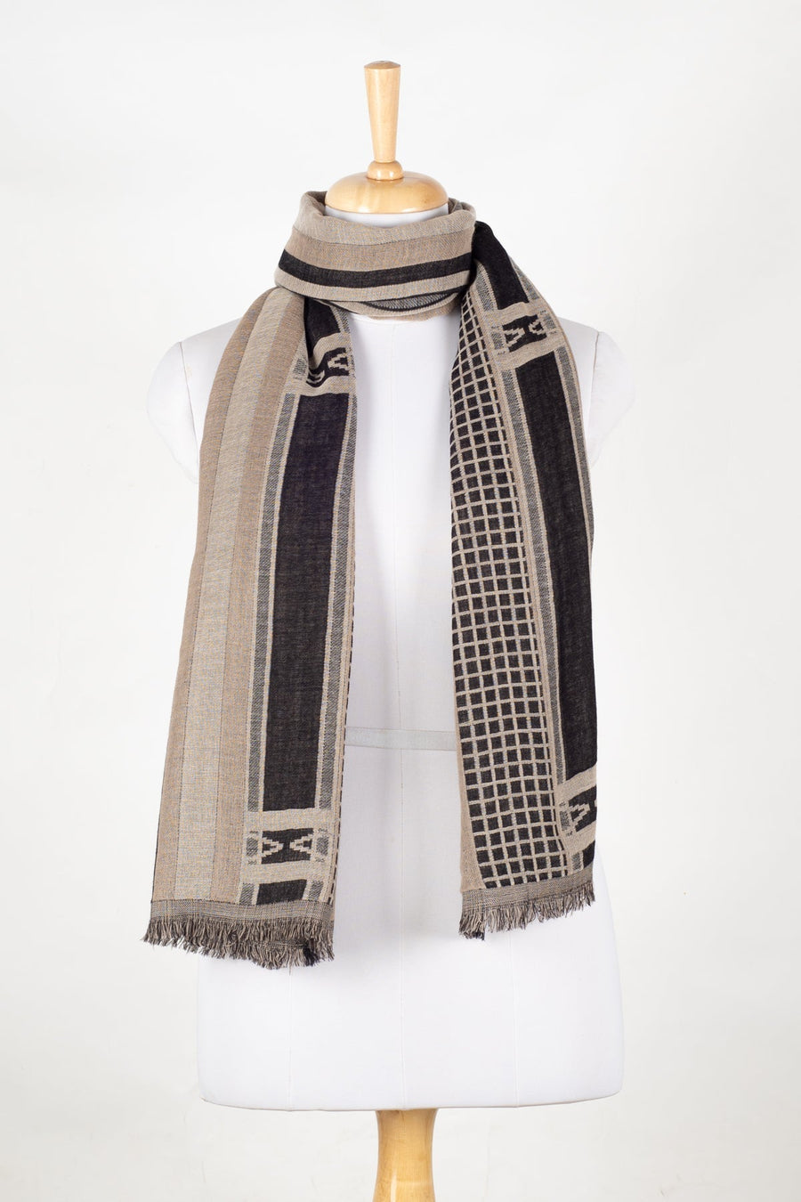Checks & Stripes Abstract Fine Wool Jacquard Scarf – Black - Bascora