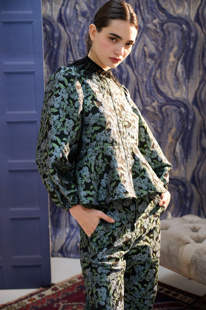 Clementine Blossom Jacquard Peplum Blouse - Black - Bascora
