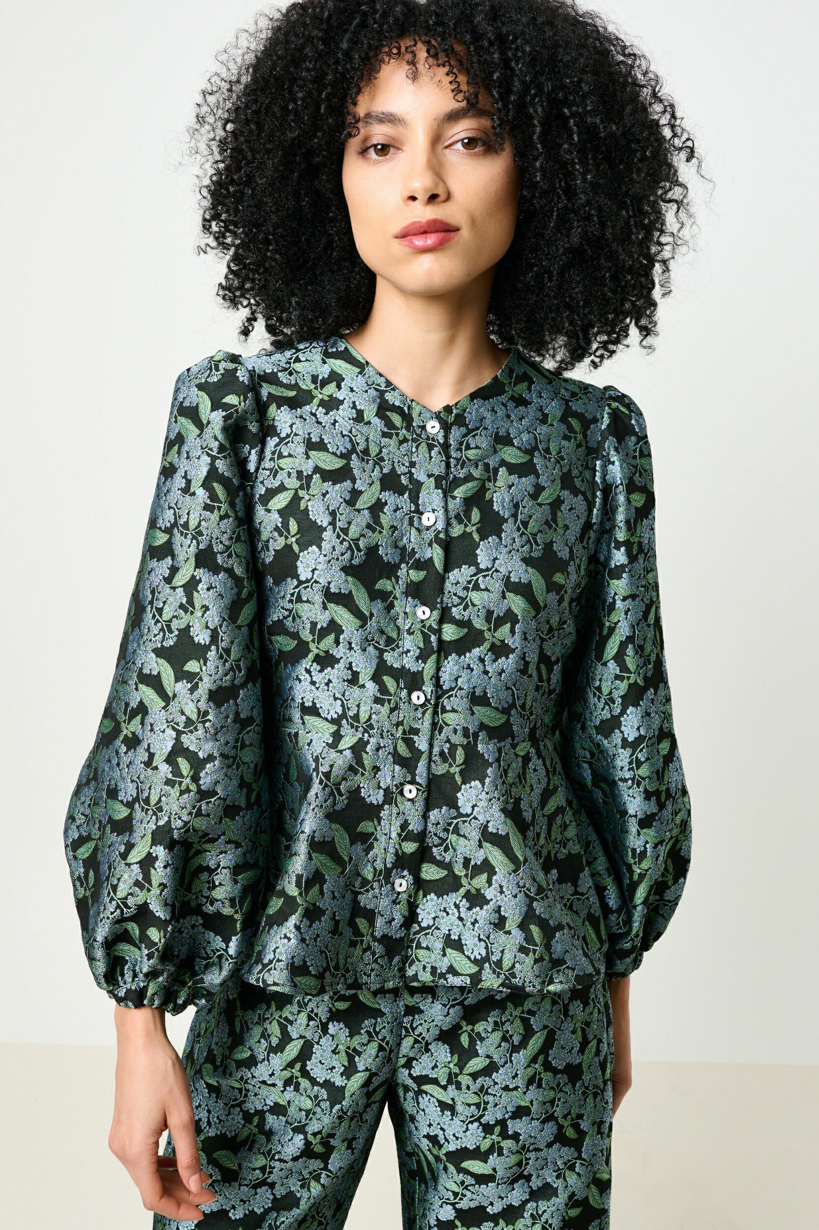 Clementine Blossom Jacquard Peplum Blouse - Black - Bascora