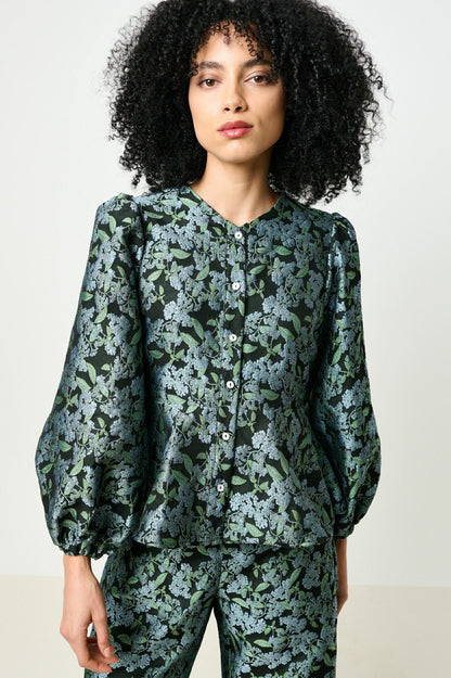 Clementine Blossom Jacquard Peplum Blouse - Black - Bascora