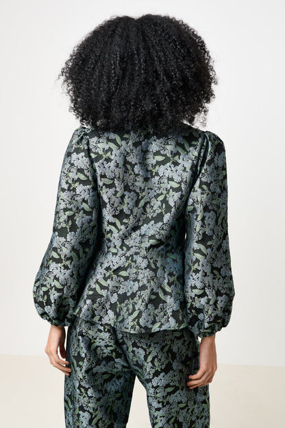 Clementine Blossom Jacquard Peplum Blouse - Black - Bascora