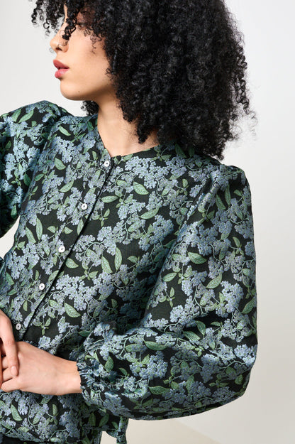 Clementine Blossom Jacquard Peplum Blouse - Black - Bascora