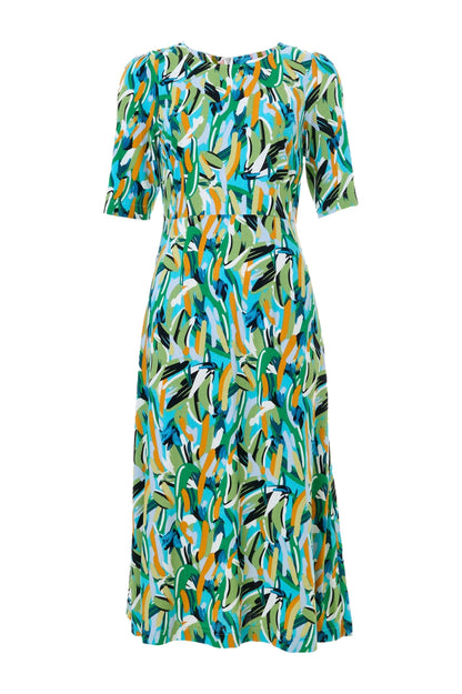 Corrine Brushstroke Print Short Sleeve Midi Dress - Green - Bascora