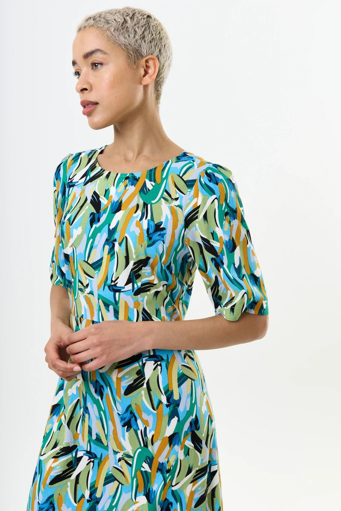 Corrine Brushstroke Print Short Sleeve Midi Dress - Green - Bascora