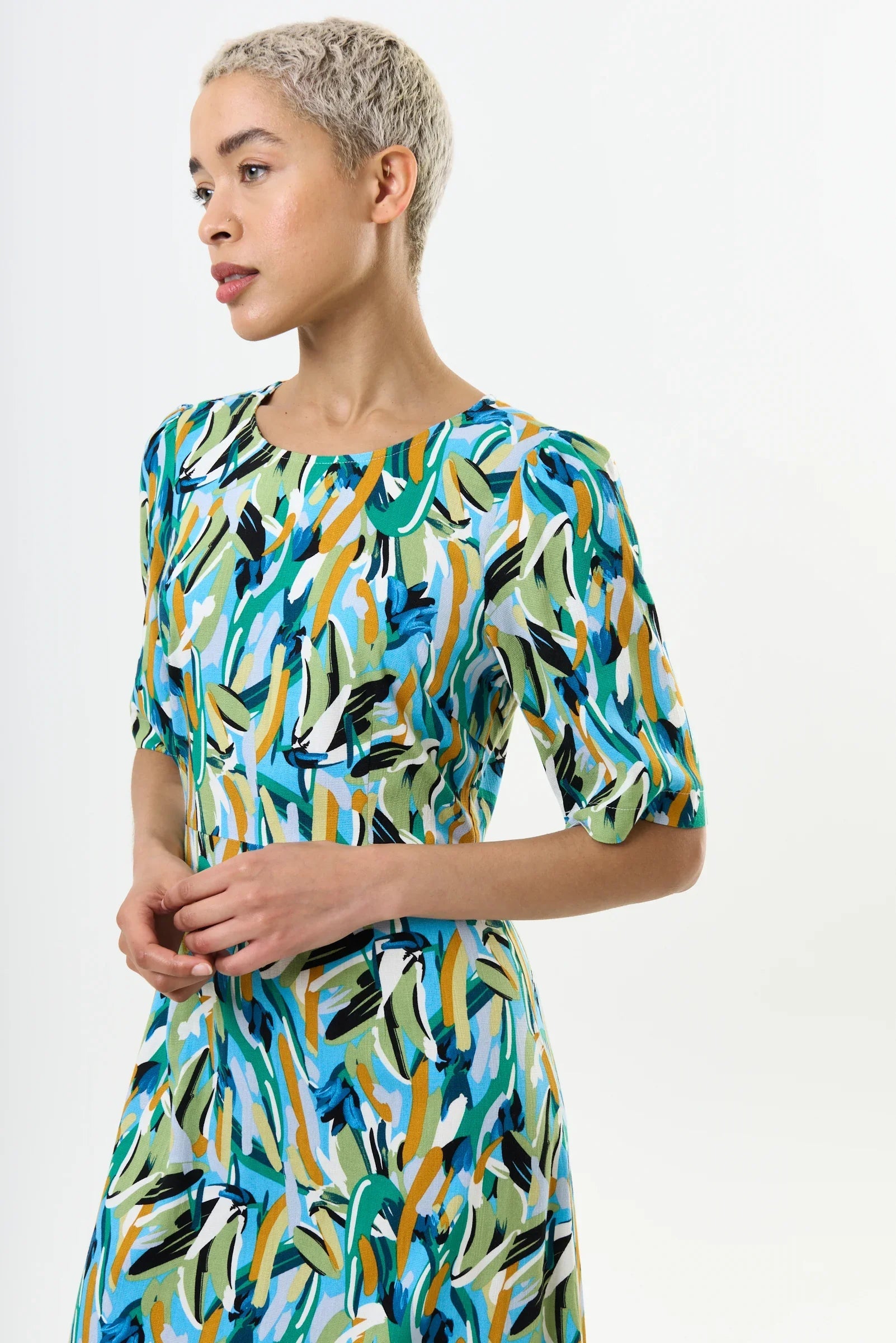 Corrine Brushstroke Print Short Sleeve Midi Dress - Green - Bascora