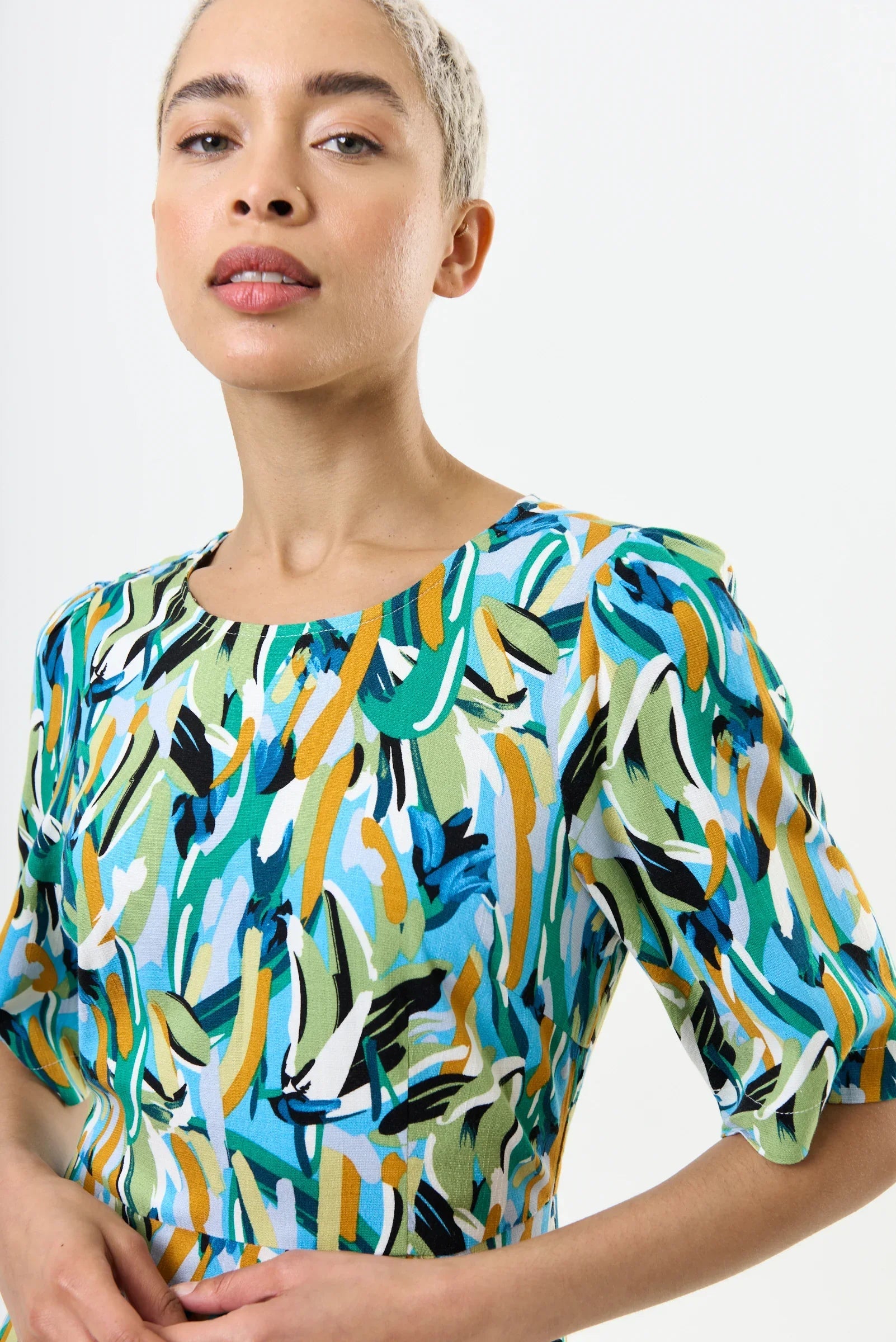 Corrine Brushstroke Print Short Sleeve Midi Dress - Green - Bascora