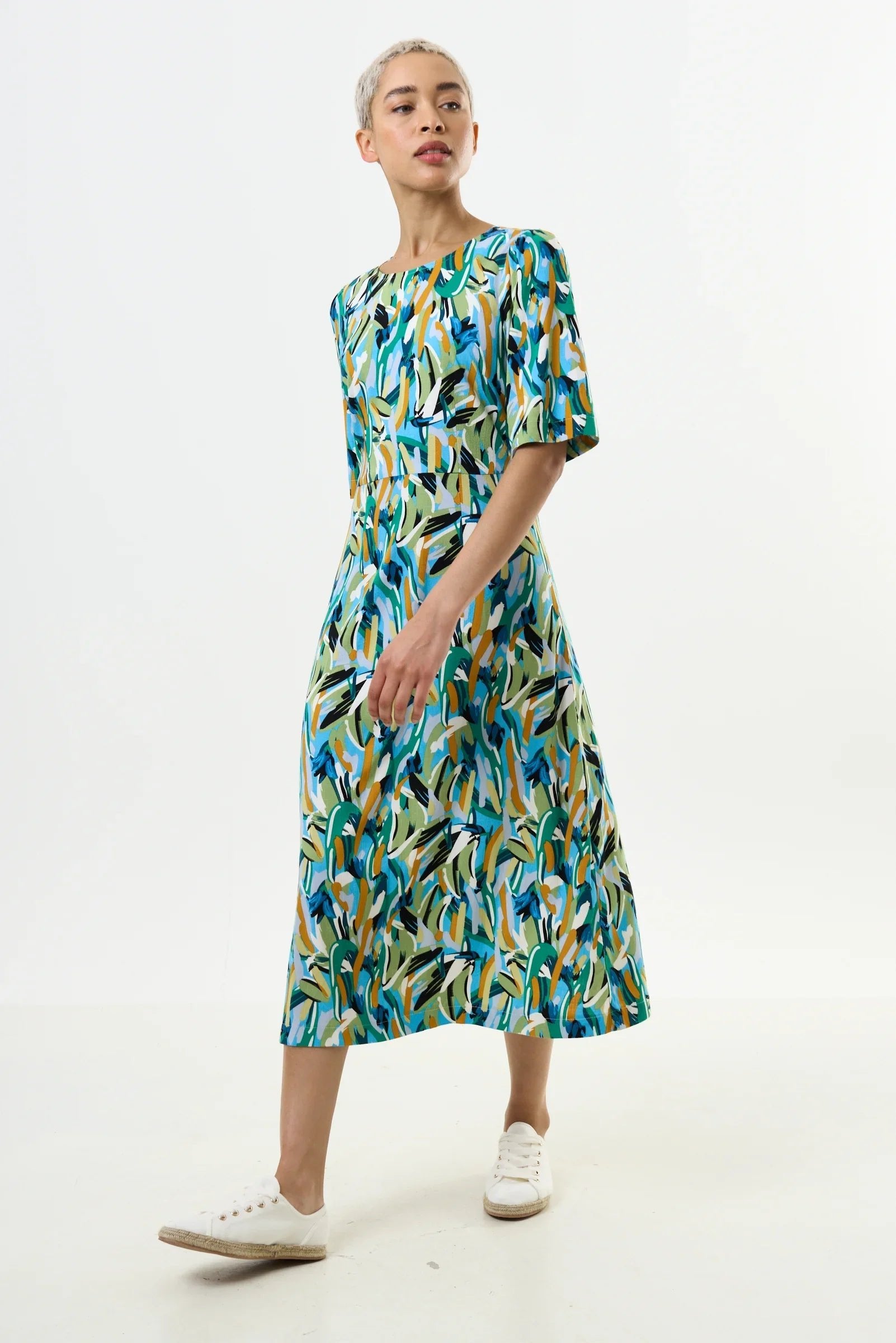 Corrine Brushstroke Print Short Sleeve Midi Dress - Green - Bascora