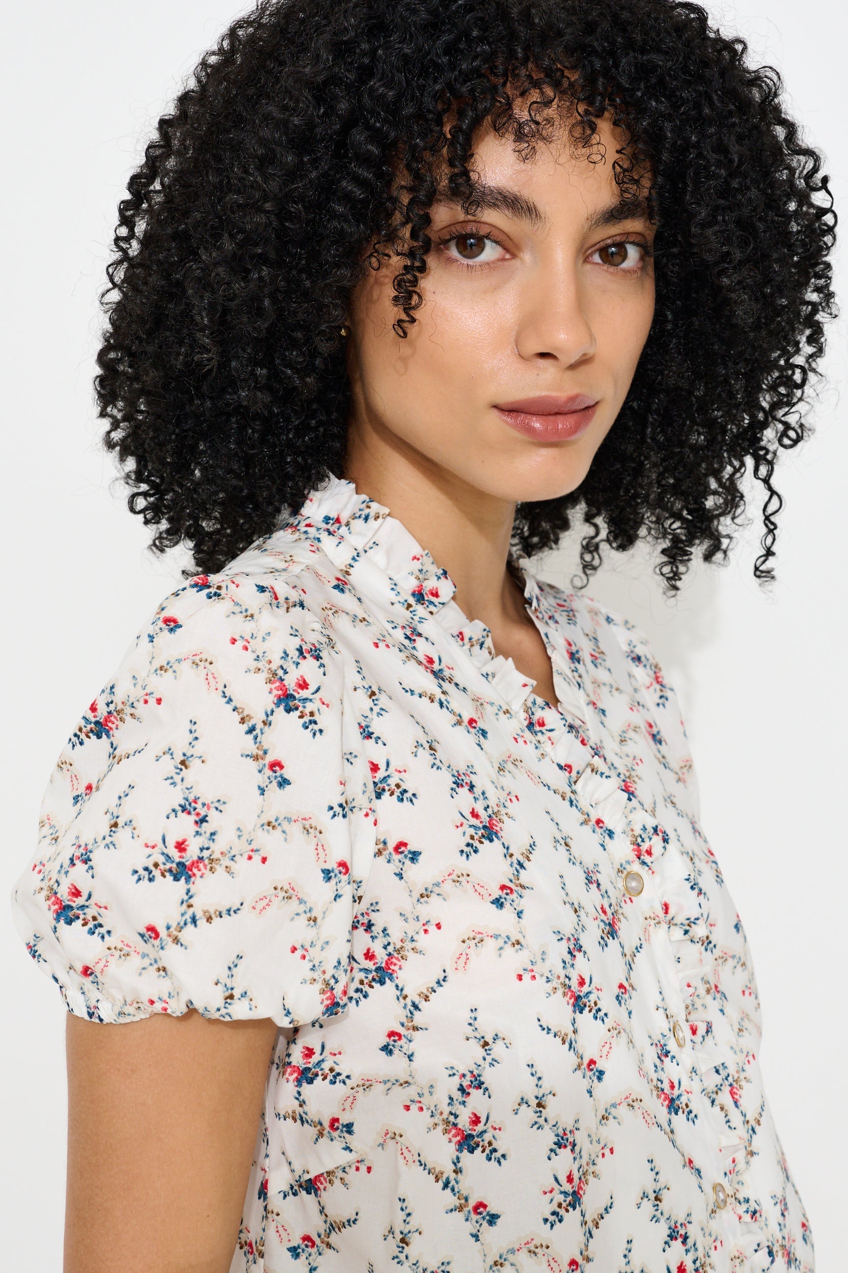 Cressida Regency Print Frill Trim V-Neck Blouse - Bascora