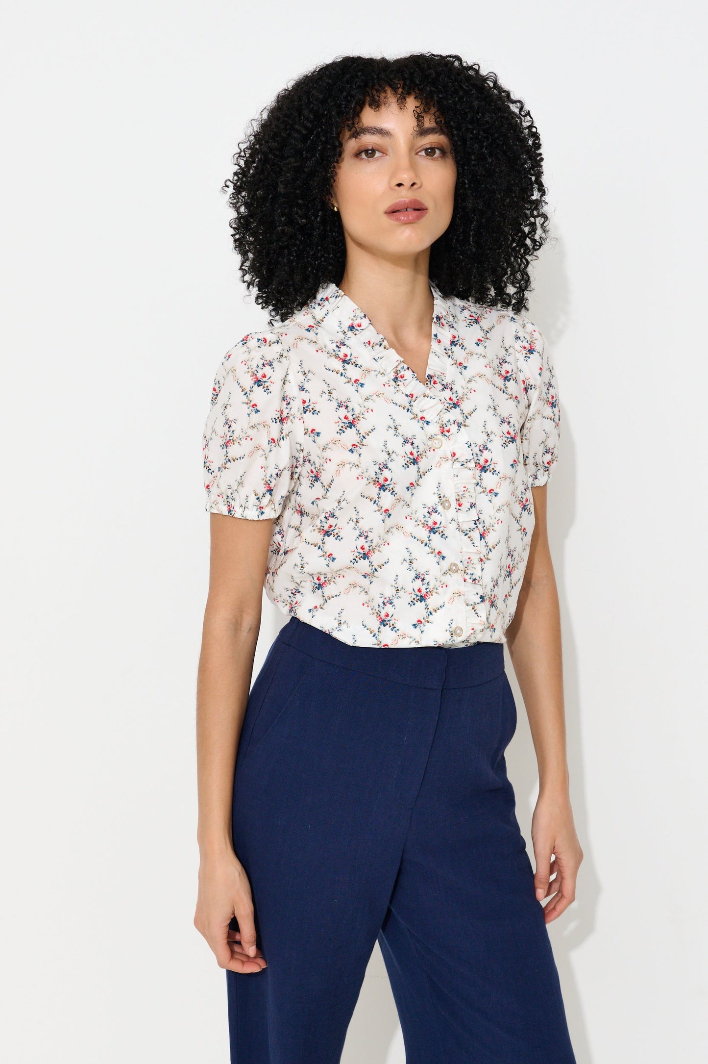 Cressida Regency Print Frill Trim V-Neck Blouse - Bascora