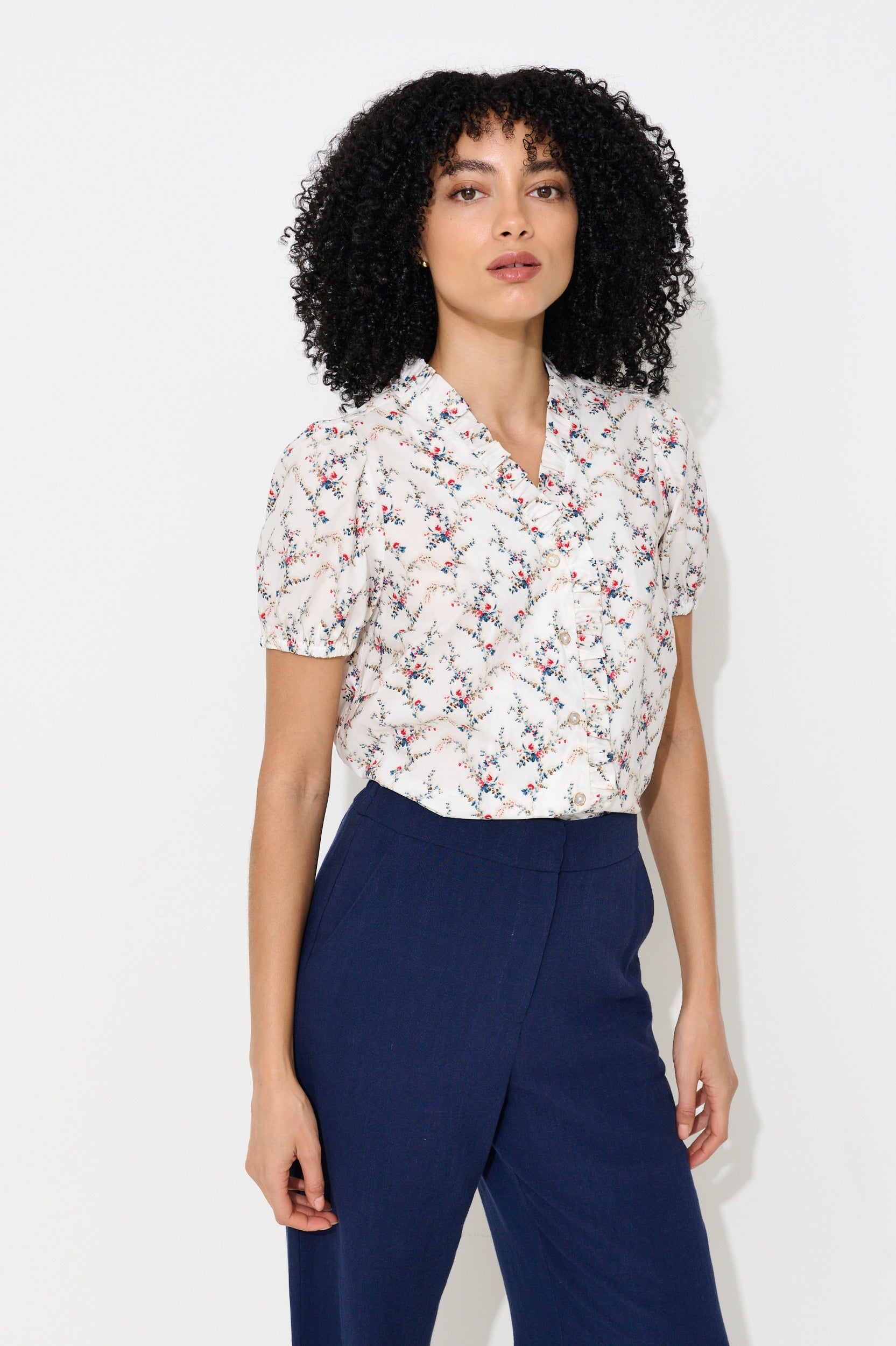 Cressida Regency Print Frill Trim V-Neck Blouse - Bascora