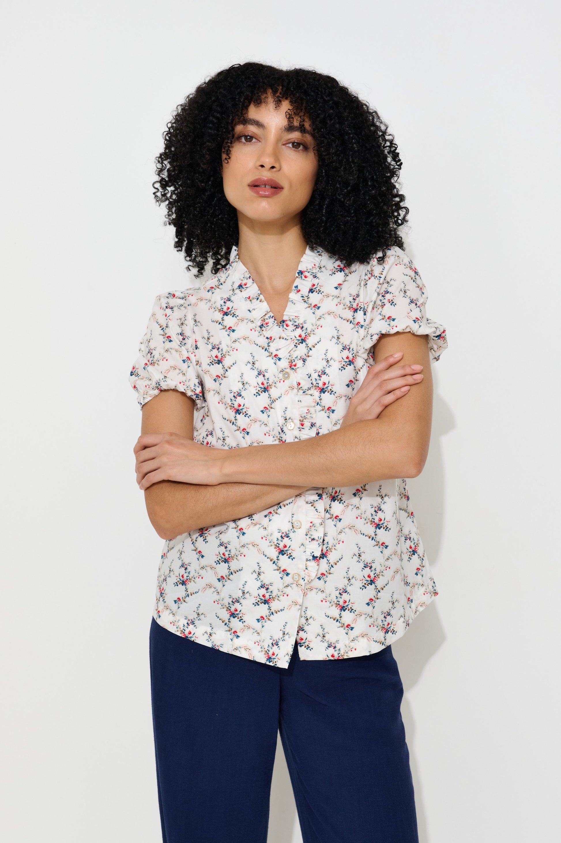 Cressida Regency Print Frill Trim V-Neck Blouse - Bascora