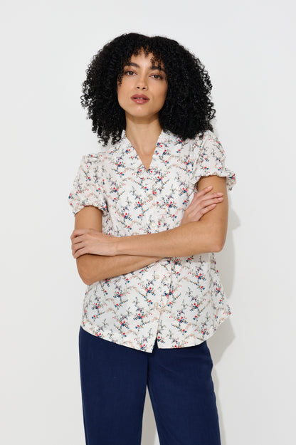 Cressida Regency Print Frill Trim V-Neck Blouse - Bascora