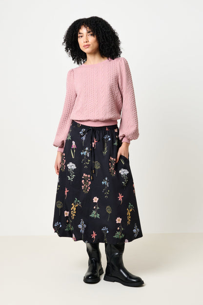 Dixie Flower Press Print Balloon Hem Midi Skirt - Multi - Bascora