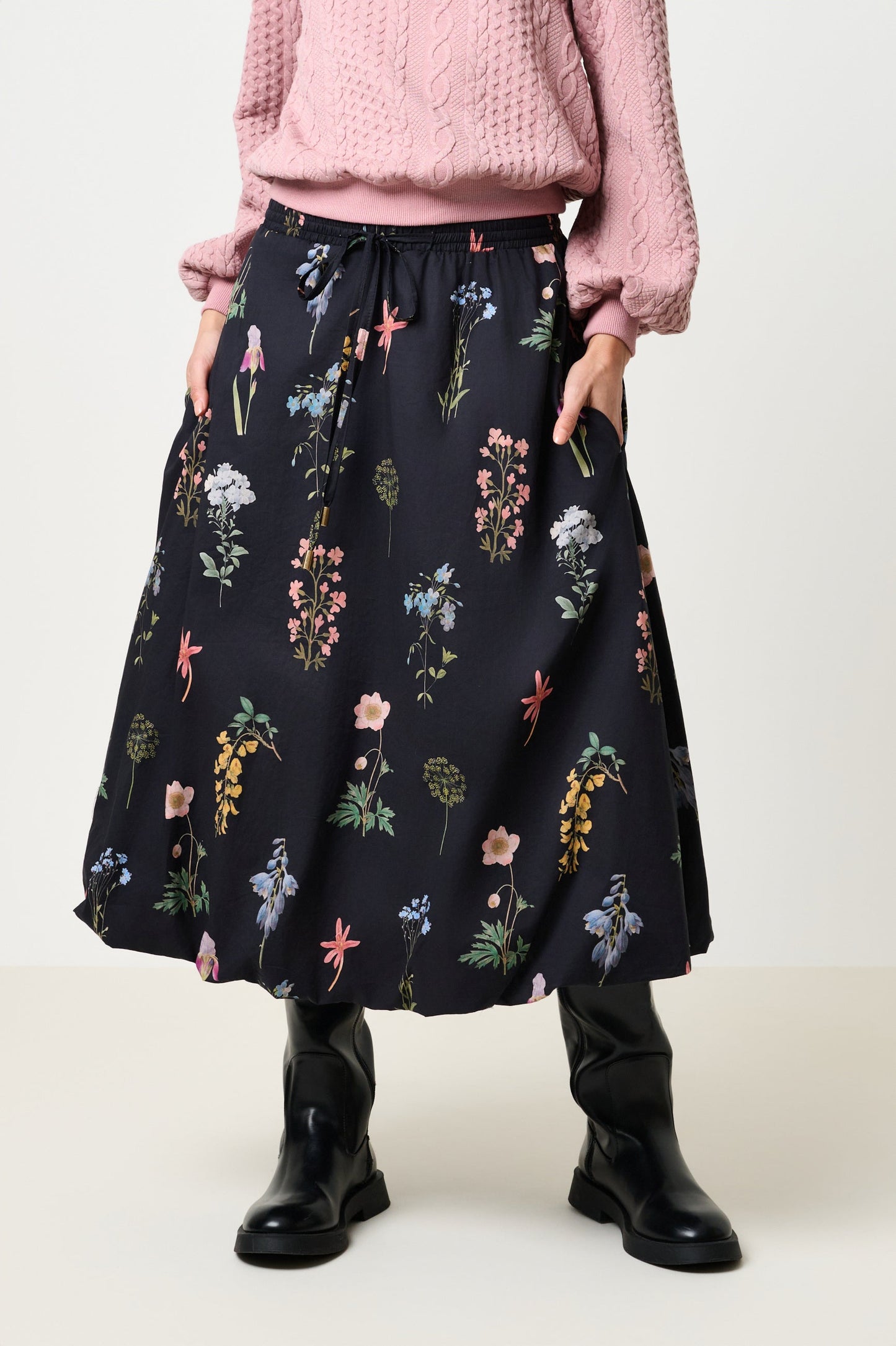 Dixie Flower Press Print Balloon Hem Midi Skirt - Multi - Bascora