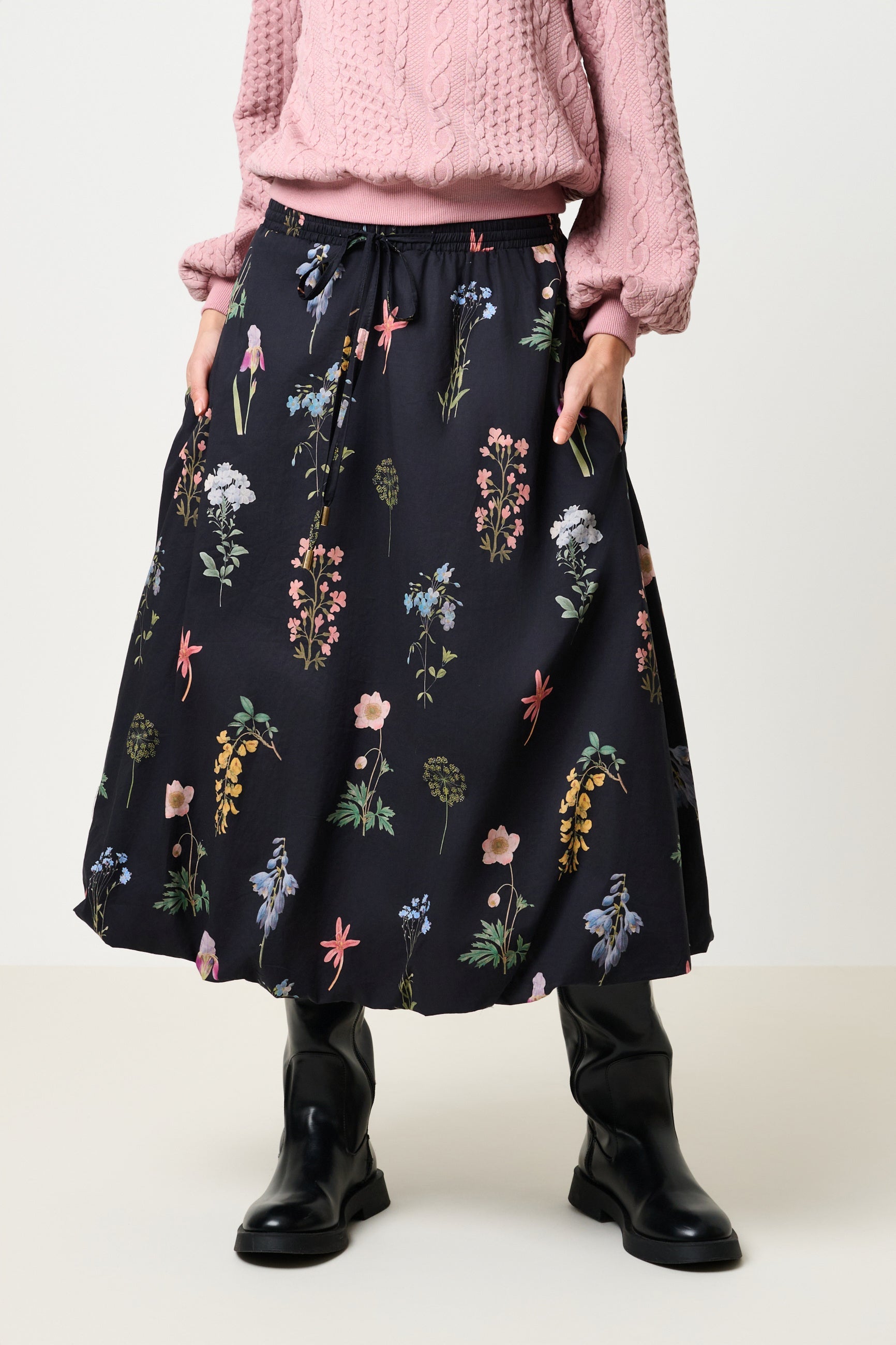 Dixie Flower Press Print Balloon Hem Midi Skirt - Multi - Bascora