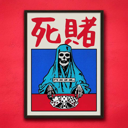 Framed artwork with a skeleton in a blue robe and red text on a red background