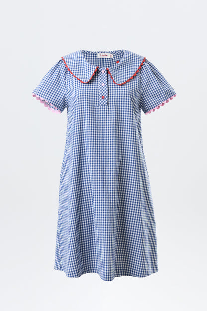 Dot Gingham Ric Rac Trim Statement Collar Mini Dress - Blue - Bascora