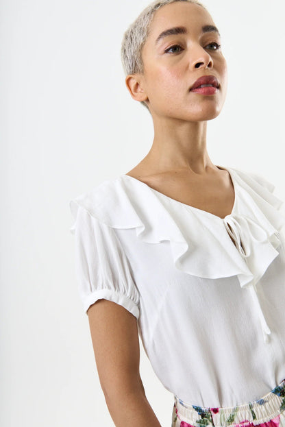 Eloise Moss Crepe Frill Collar Blouse - Off White - Bascora