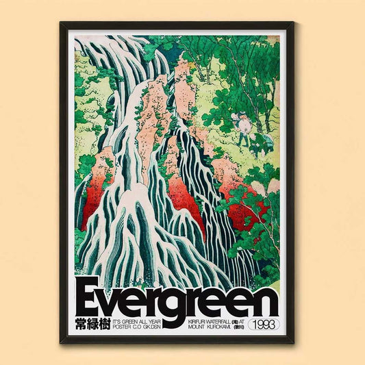 Framed poster of a waterfall with 'Evergreen' text on a beige background