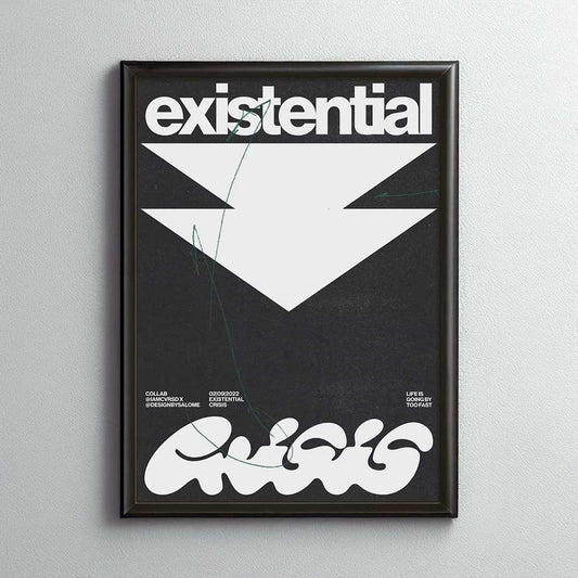 Framed poster with 'existential' text and abstract design on a gray wall