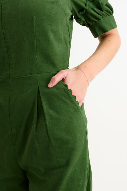 Finlay Babycord V Neck Ric Rac Trim Jumpsuit - Olive Green - Bascora