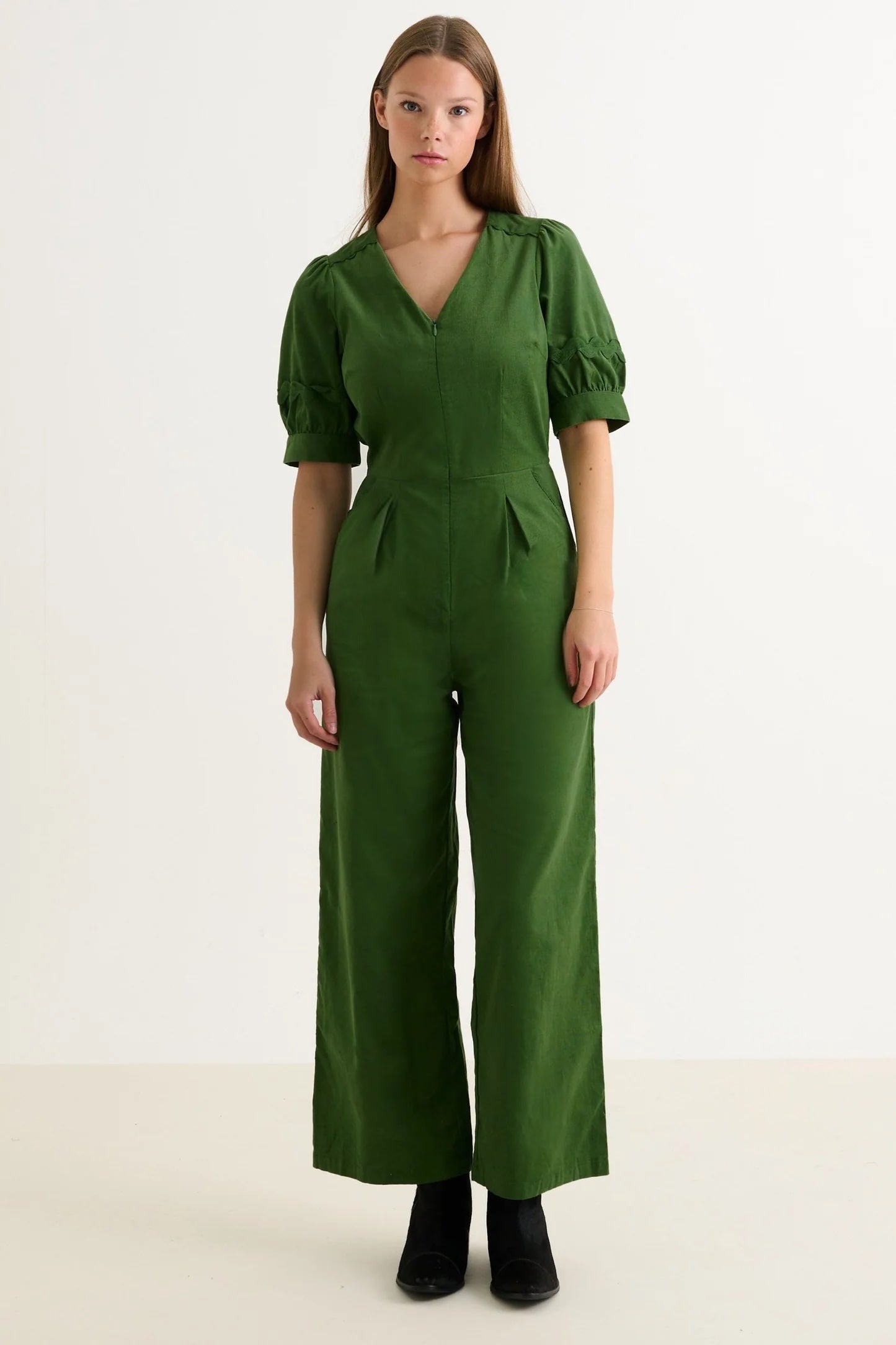 Finlay Babycord V Neck Ric Rac Trim Jumpsuit - Olive Green - Bascora