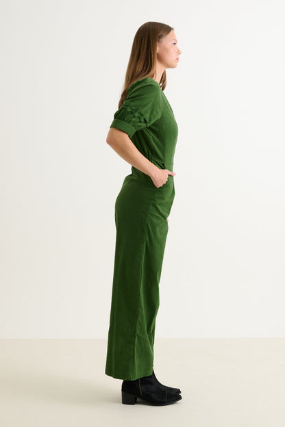 Finlay Babycord V Neck Ric Rac Trim Jumpsuit - Olive Green - Bascora