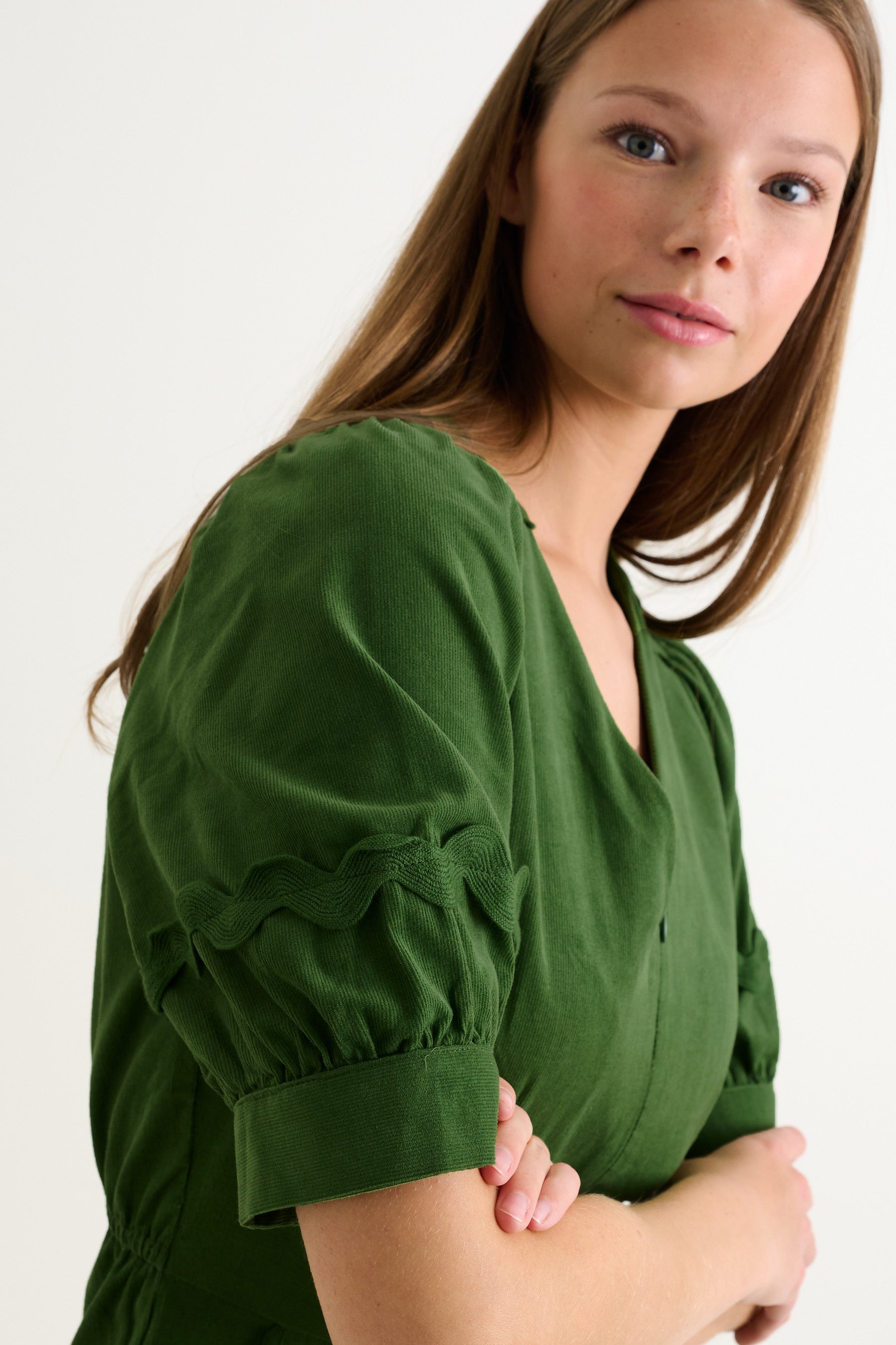 Finlay Babycord V Neck Ric Rac Trim Jumpsuit - Olive Green - Bascora