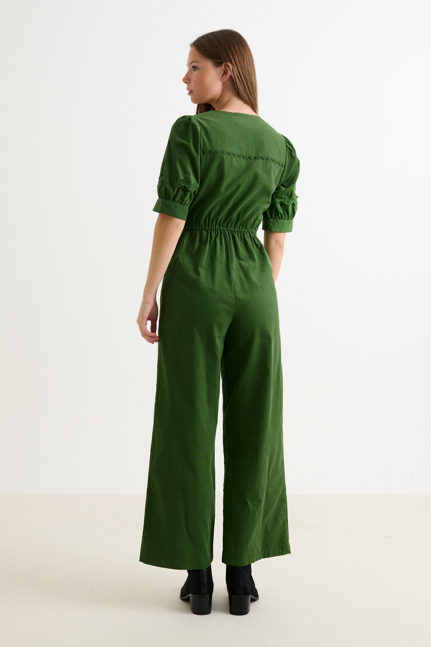 Finlay Babycord V Neck Ric Rac Trim Jumpsuit - Olive Green - Bascora