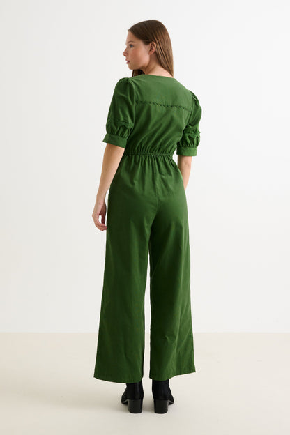 Finlay Babycord V Neck Ric Rac Trim Jumpsuit - Olive Green - Bascora