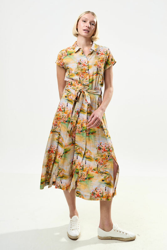 Fleur Oriental Landscape Print Midi Shirtdress - Yellow - Bascora