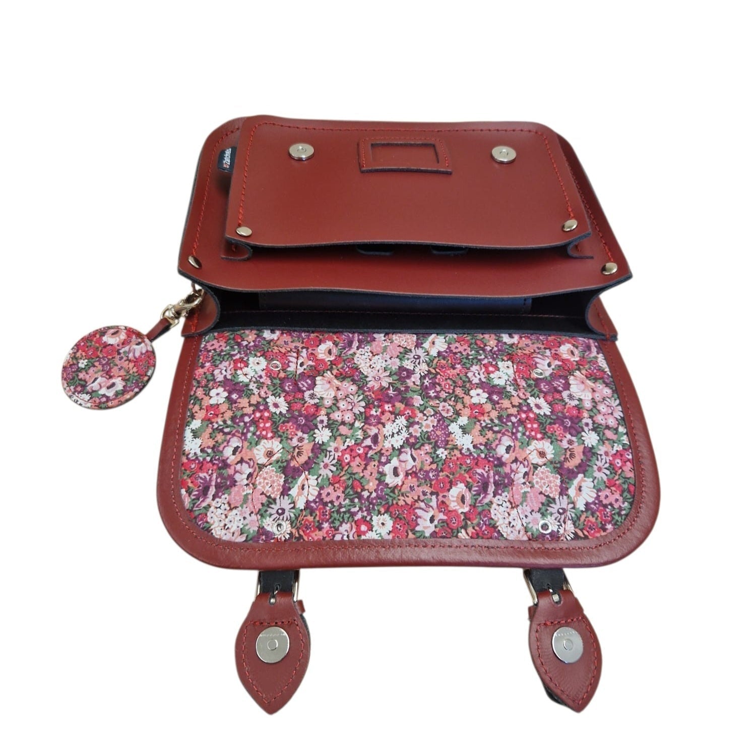 Floral Lined Leather Midi Satchel - Oxblood - Bascora