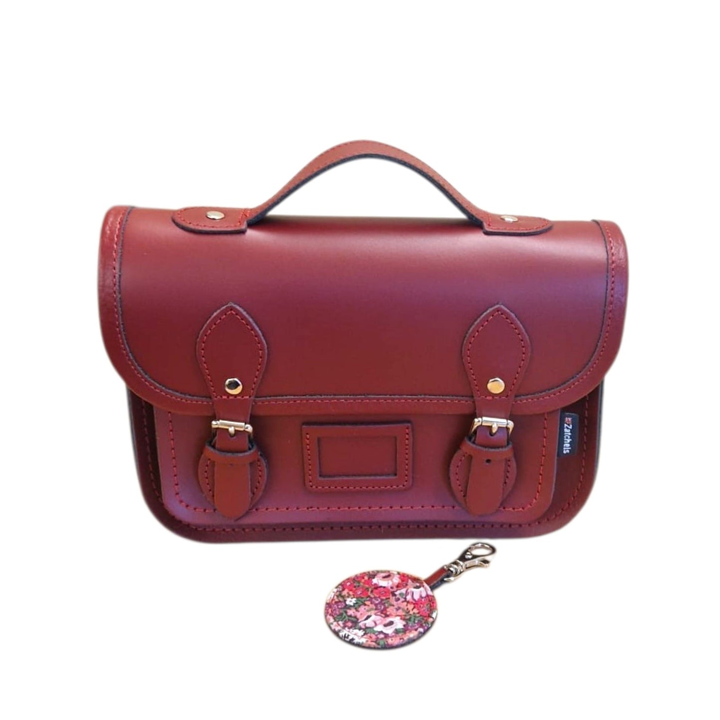 Floral Lined Leather Midi Satchel - Oxblood - Bascora