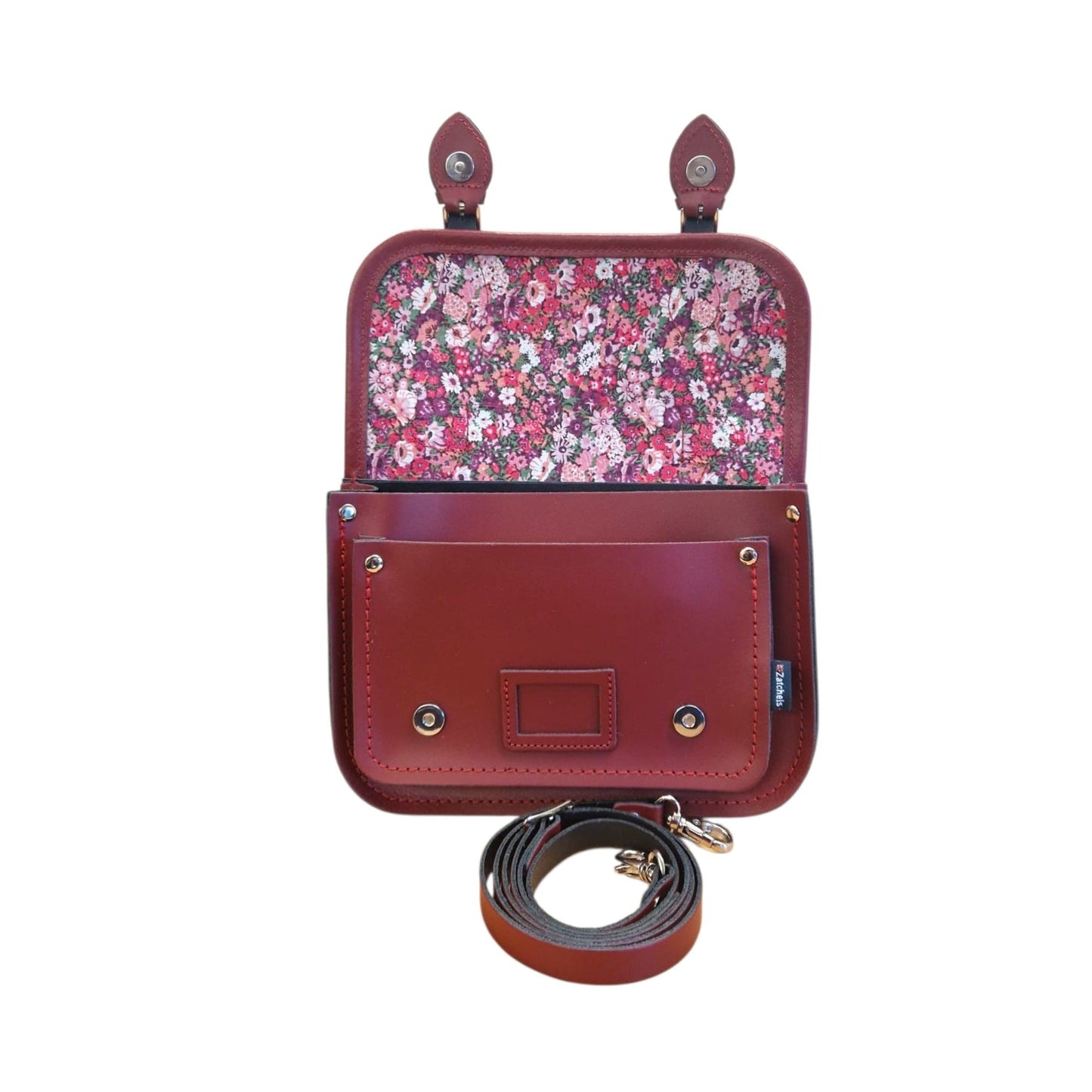 Floral Lined Leather Midi Satchel - Oxblood - Bascora