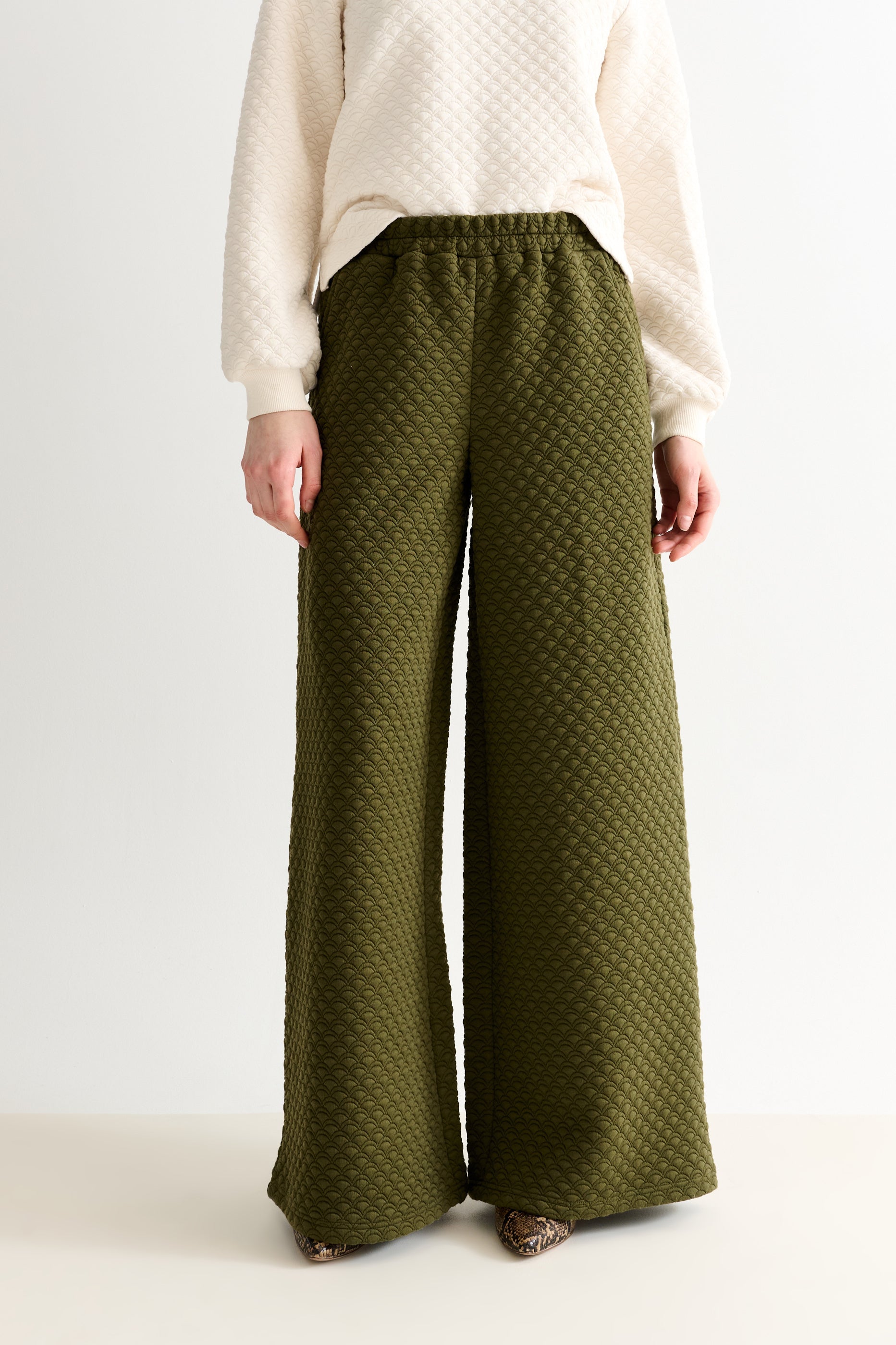 Flory Scallop Quilt Wide Leg Trouser - Moss Green - Bascora