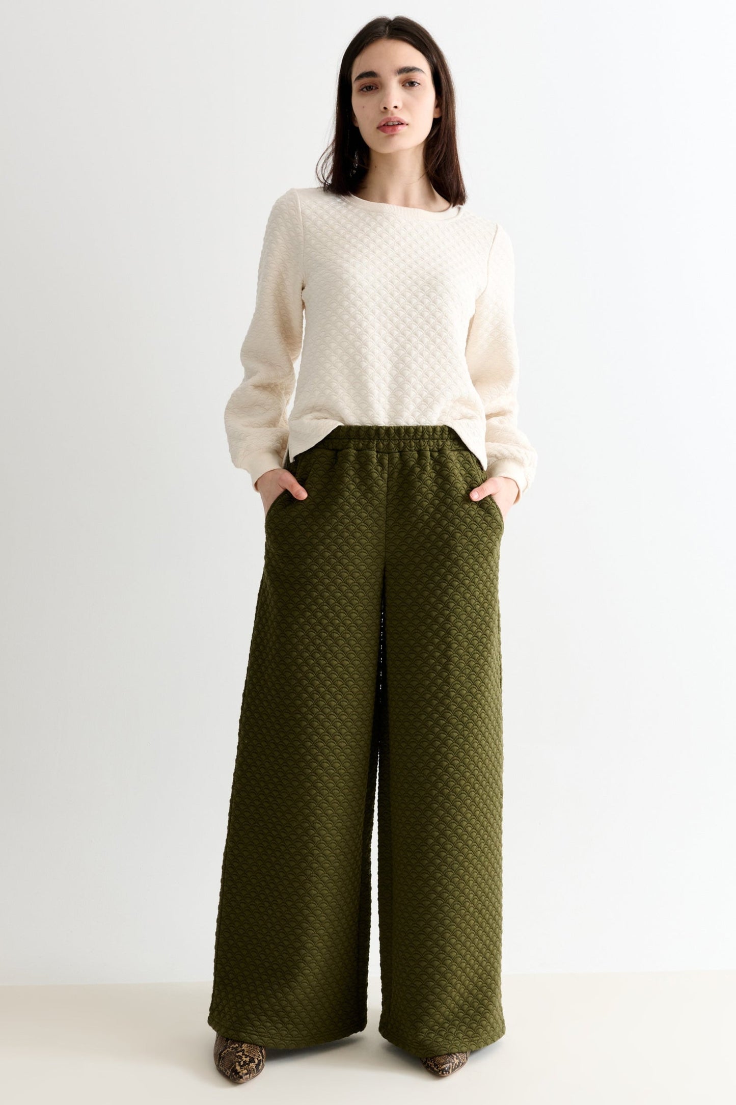 Flory Scallop Quilt Wide Leg Trouser - Moss Green - Bascora