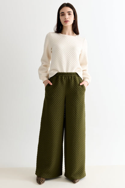Flory Scallop Quilt Wide Leg Trouser - Moss Green - Bascora